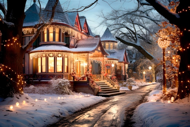 마을의 눈 인 집과 함께 겨울 풍경 동화의 디지털 그림 크리스마스 테마의 동화 풍경