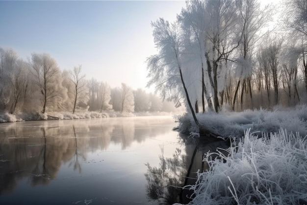 生成 AI で作成された、雪に覆われた木々 と凍った湖のある冬景色