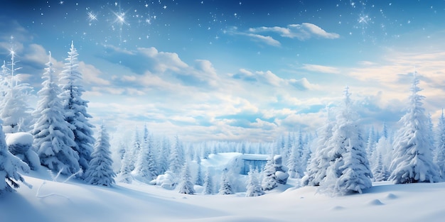 Winter landscape with snowy fir trees and blue sky 3d rendering