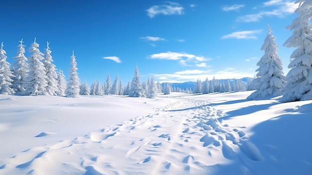 雪に覆われた杉の木と青い空の冬の風景 パノラマ景色