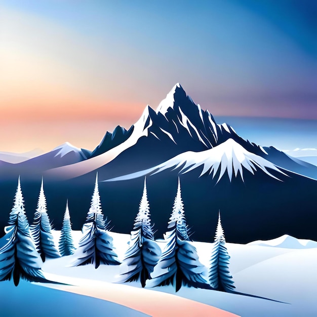 Фото Зимний пейзаж со снежными горами и хвойным лесом сгенерировал иллюстрацию ai
