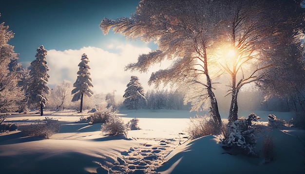 Зимний пейзаж со снежной дорогой и деревьями на закате