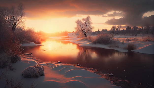 Winter landscape with snowy road and trees at sunsetgenerative ai