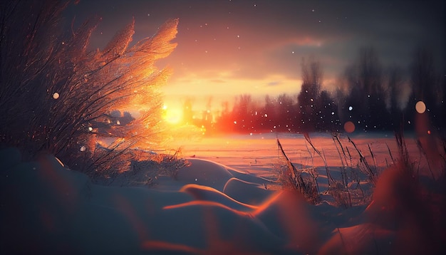 Winter landscape with snowy road and trees at sunsetgenerative ai