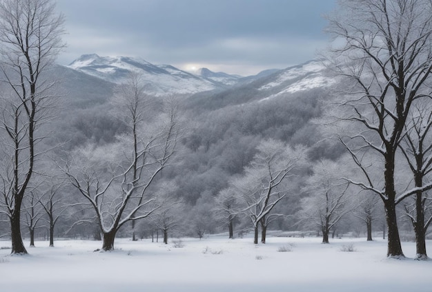 a winter landscape with snowy and tree