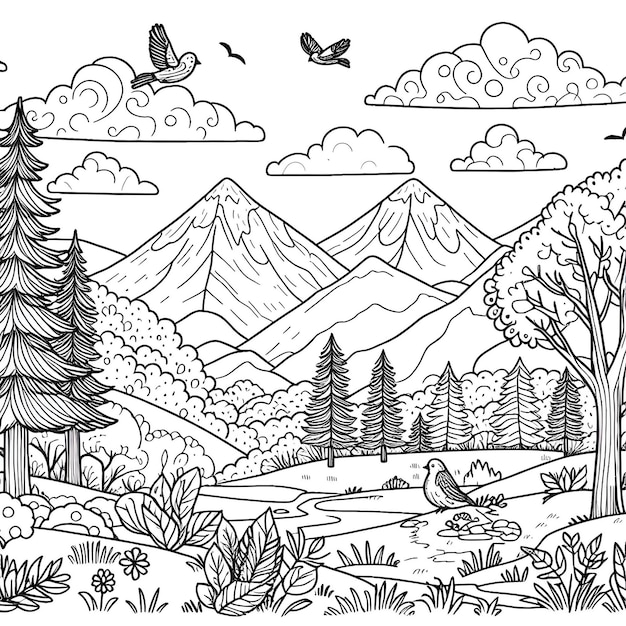 Фото Зимний пейзаж с деревьями для окрашивания линейная художественная иллюстрация контурный эскиз силуэт