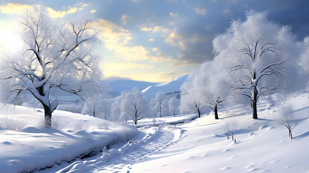 Winter landscape with trees covered with hoarfrost and snow in the mountains