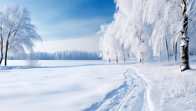 Winter landscape with trees in hoarfrost and snow on the ground