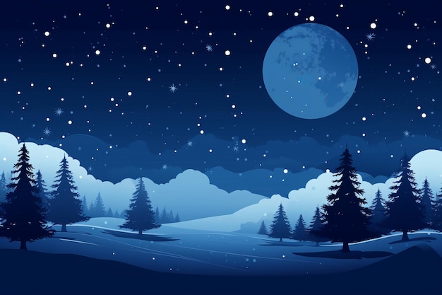 a winter landscape with trees and moon in the sky