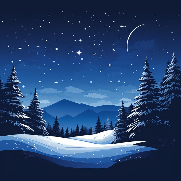 Photo a winter landscape with trees and mountains at night