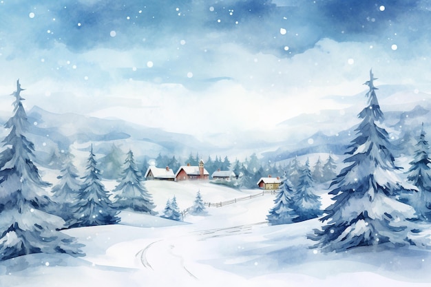 Winter landscape with village cozy houses and fir trees in snow in watercolor style Holiday digital watercolor illustration for design on Christmas and New Year card poster or banner Generative AI