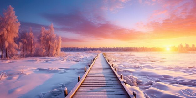 Photo winter landscape with wooden path at sunset winter nature background