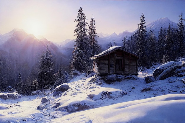 冬の季節に雪が降る木製キャビンの冬景色
