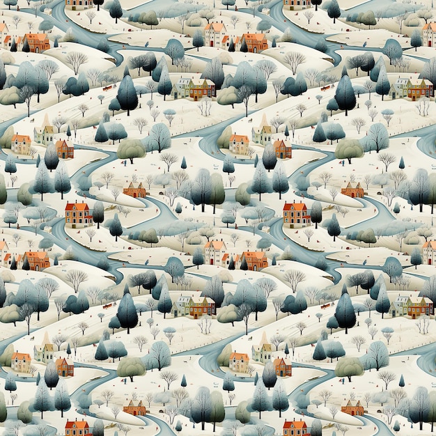 winter in litte town naive art Seamless pattern