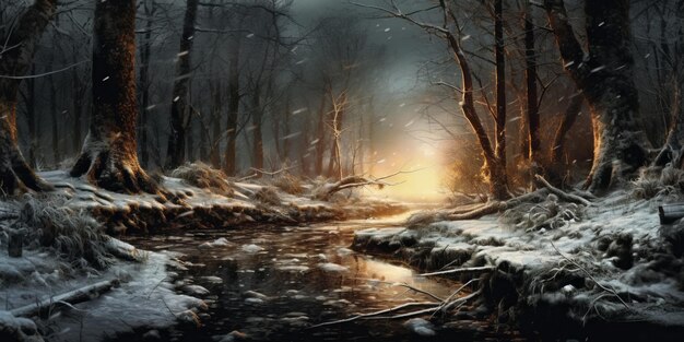 Winter luminous trails through snowy forest generative AI