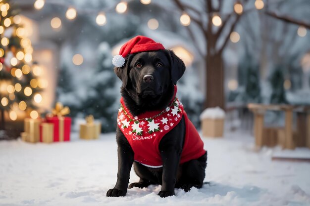 Winter Magic Black Labrador Retriever's Christmas Costume with Bokeh Scenery