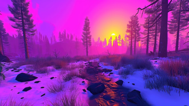 Winter magical landscape with neon glows background wallpaper 2024 illustration