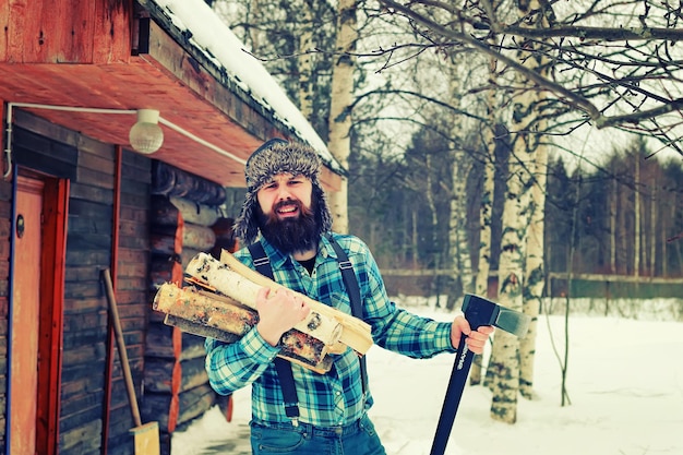 Winter man axe wood