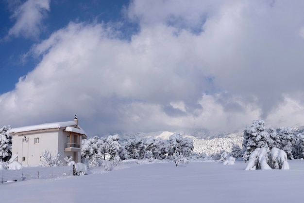 Winter met veel sneeuw en sneeuwverstuivingen in een Grieks dorp op het eiland Evia Griekenland