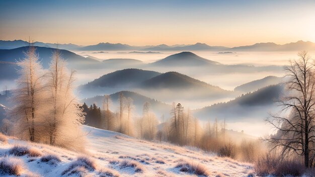 Winter mistige ochtend Winter heuvels landschap