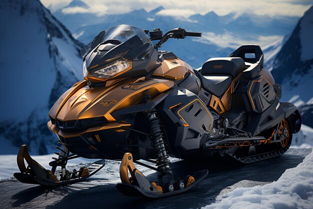 Photo winter modern snowmobile with golden color in winter against the background of the mountain