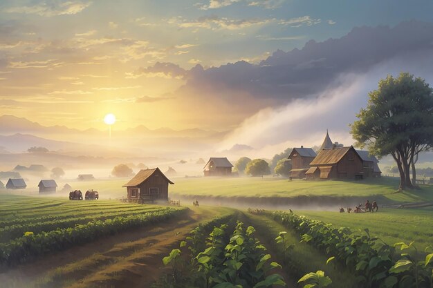 winter morning As the sun rises the village awakens to the sound of farmers tending to their crops