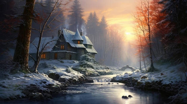 winter morning house in a snowy forest