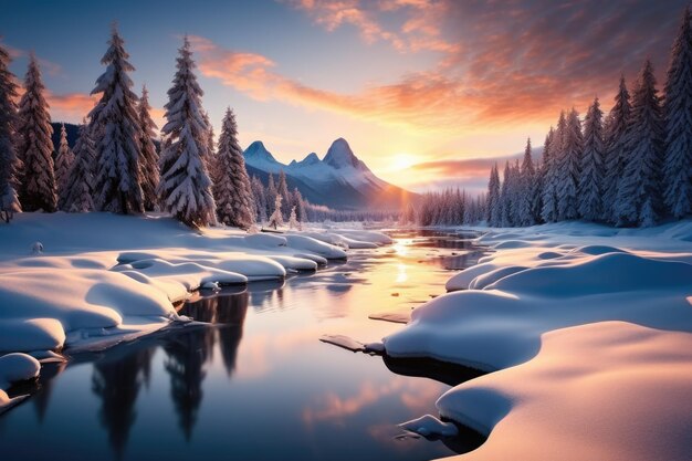 Photo winter morning in the mountains with snow covered fir trees