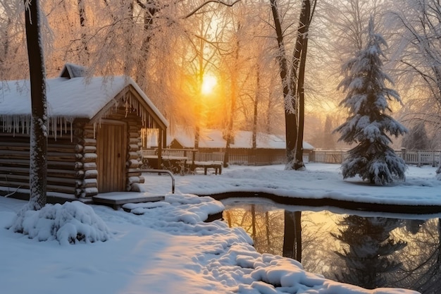 Winter Morning Scene Small Rural Bathhouse In The Yard