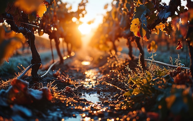 Winter mornings in fields and vineyards with sun rises from its ashes