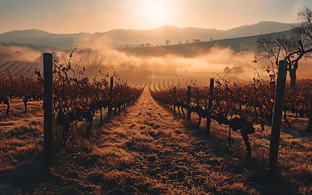 Winter mornings in fields and vineyards with sun rises from its ashes