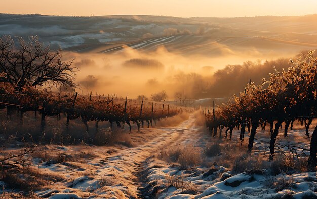 Winter mornings in fields and vineyards with sun rises from its ashes