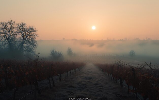 Winter mornings in fields and vineyards with sun rises from its ashes