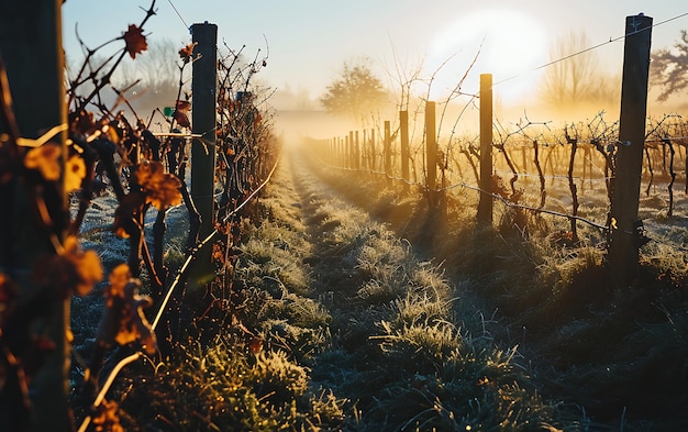 Winter mornings in fields and vineyards with sun rises from its ashes