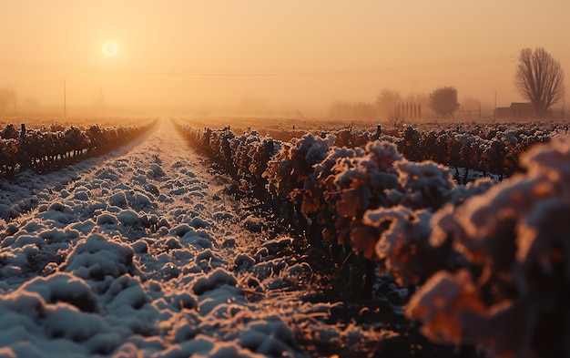 Зимние утра на полях и виноградниках с восходом солнца из пепла