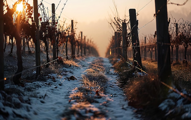 Зимние утра на полях и виноградниках с восходом солнца из пепла