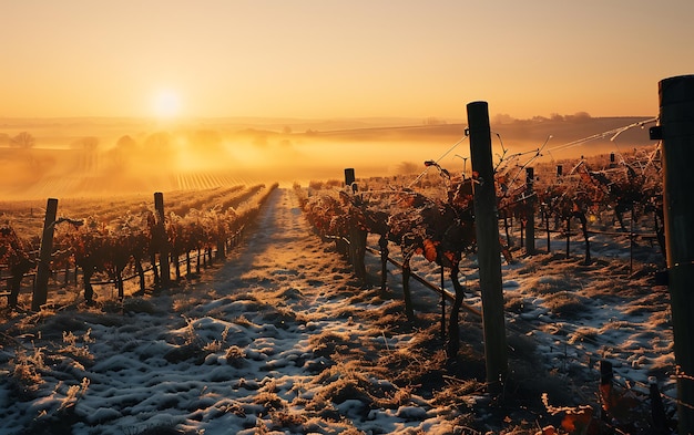 Winter mornings in fields and vineyards with sun rises from its ashes