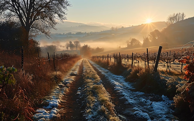 Winter mornings in fields and vineyards with sun rises from its ashes