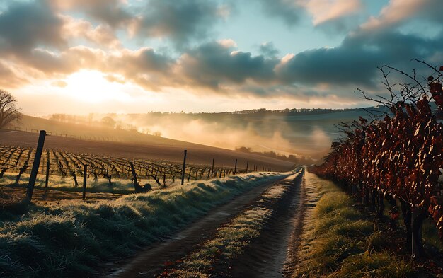 Foto mattine invernali nei campi e nei vigneti con il sole che sorge dalle sue ceneri