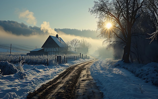 Winter mornings in fields and vineyards with sun rises from its ashes