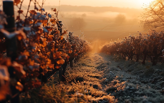 Winter mornings in fields and vineyards with sun rises from its ashes