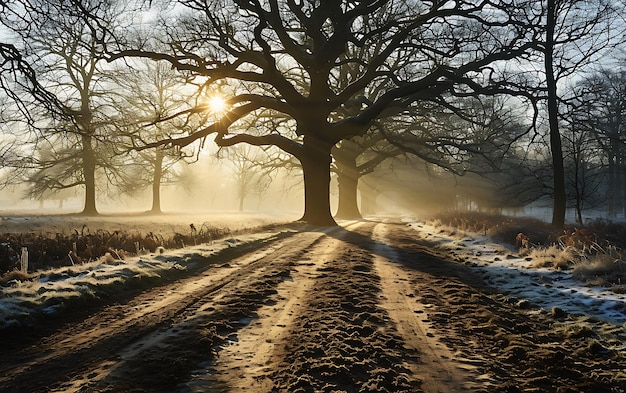 Winter mornings in fields and vineyards with sun rises from its ashes