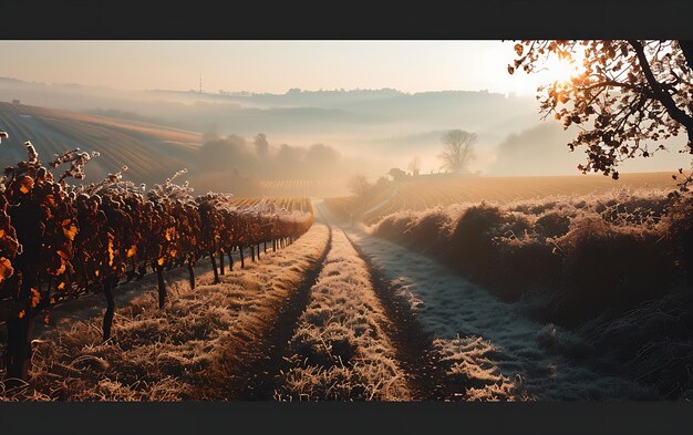 Foto mattine invernali nei campi e nei vigneti con il sole che sorge dalle sue ceneri