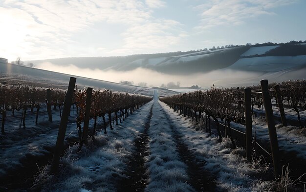 Photo winter mornings in fields and vineyards with sun rises from its ashes