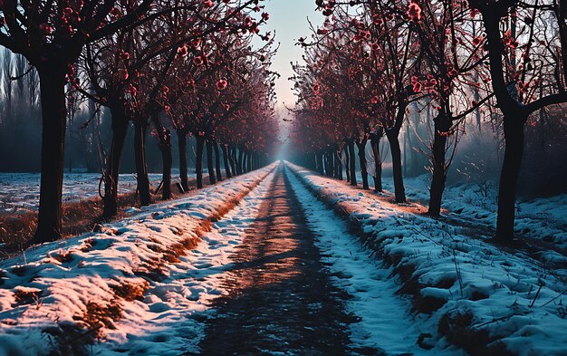 Foto mattine invernali nei campi e nei vigneti con il sole che sorge dalle sue ceneri