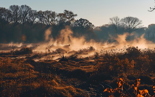 Photo winter mornings in fields and vineyards with sun rises from its ashes