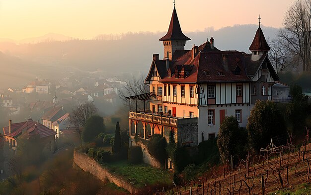 Photo winter mornings in fields and vineyards with sun rises from its ashes