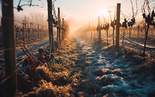 Photo winter mornings in fields and vineyards with sun rises from its ashes