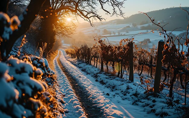 Winter mornings in fields and vineyards with sun rises from its ashes