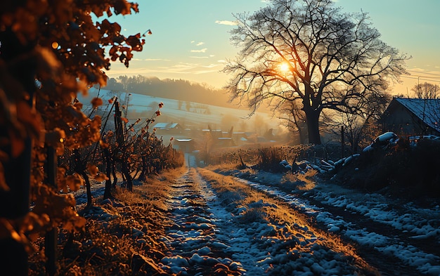 写真 冬の朝 畑やブドウ畑で 太陽が灰から昇る
